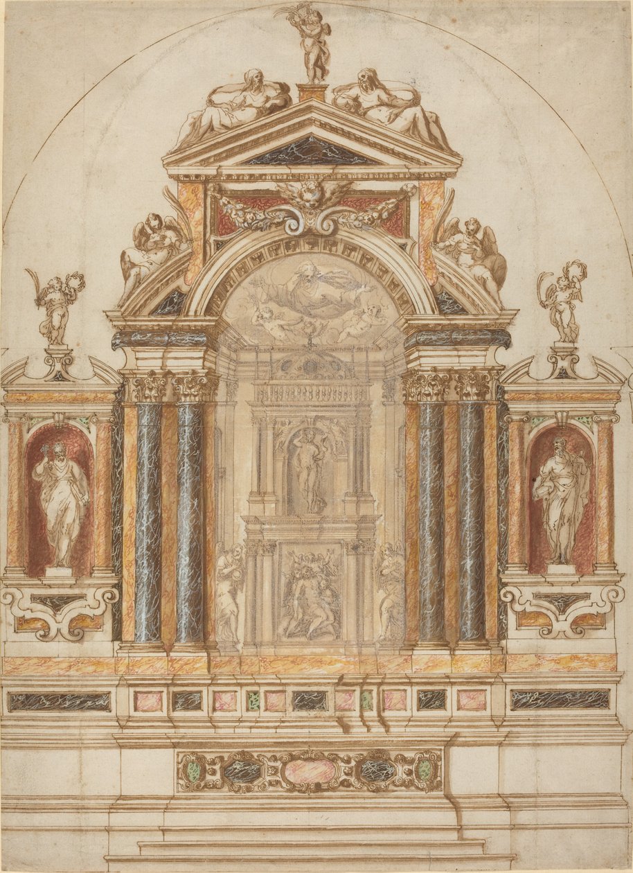 Et forseggjort alter av farget marmor utsmykket med skulpturer av Italian 17th Century
