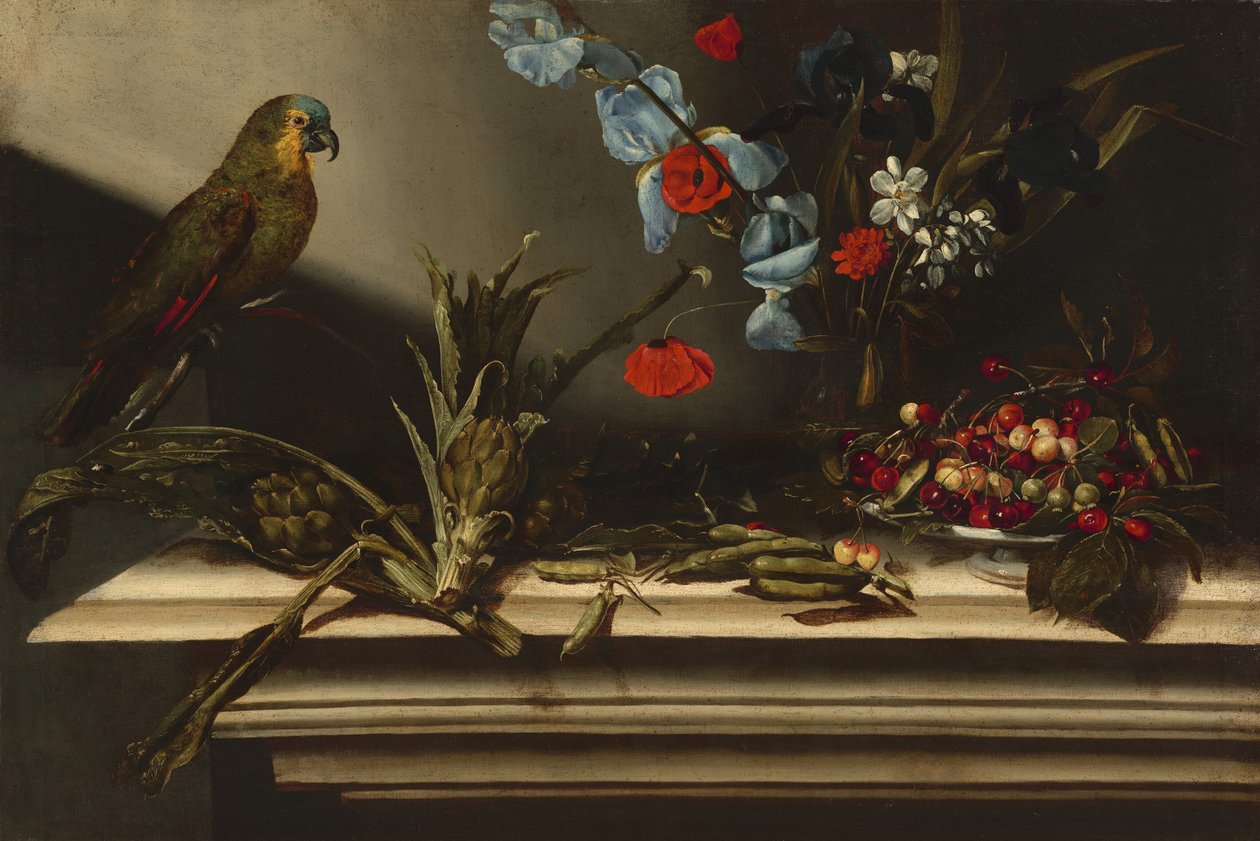 Stilleben med artisjokker og en papegøye av Italian 17th Century