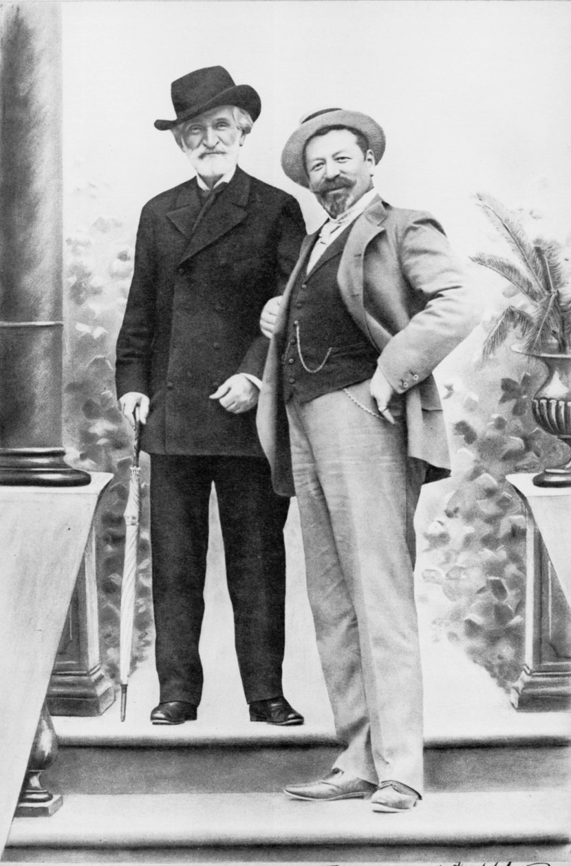 Giuseppe Verdi, italiensk komponist (1813-1901), og tenor Francesco Tamagno (1850-1905) i Montecatini på slutten av 1800-tallet. av Italian Photographer