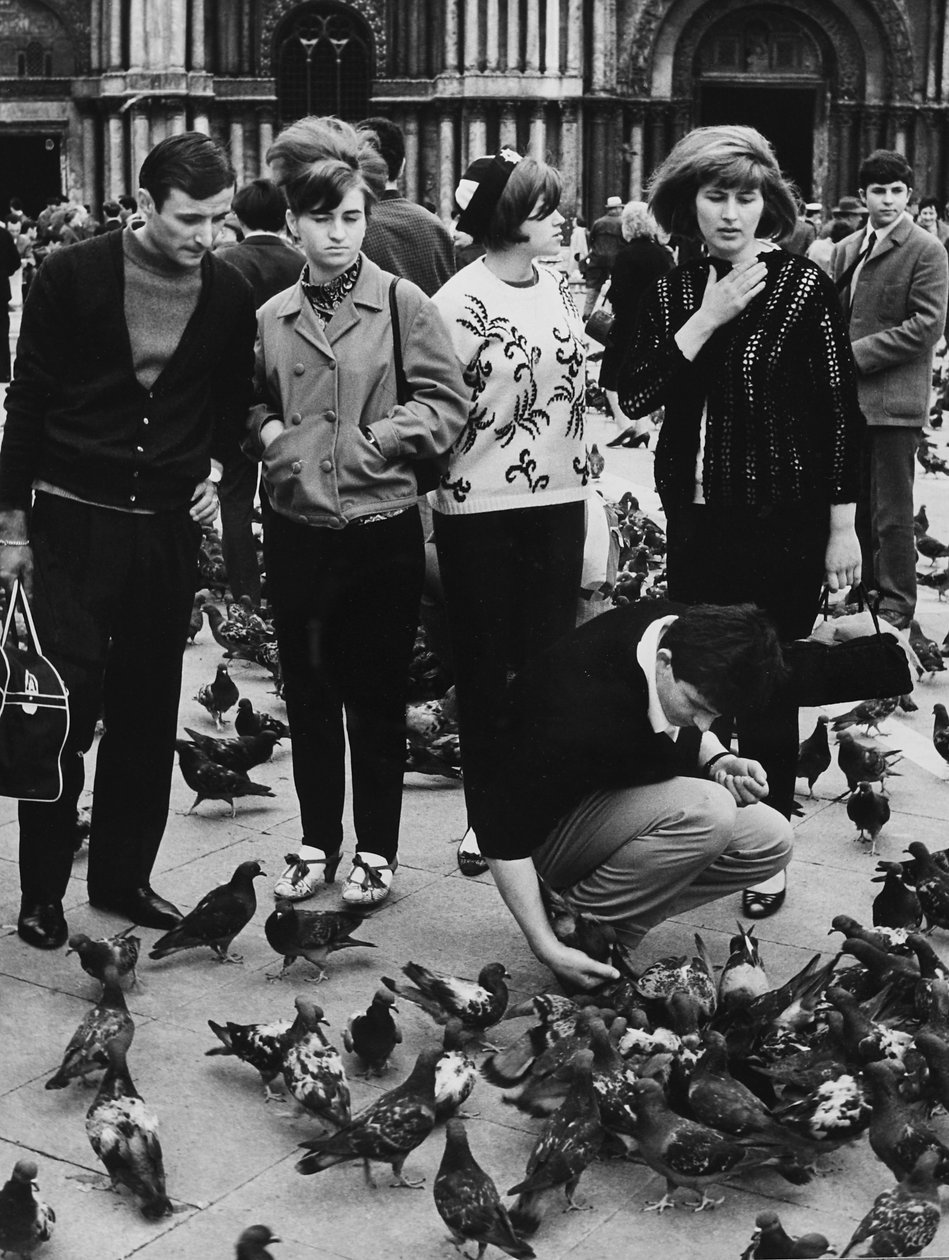 Turister som mater duer, Piazza San Marco, Venezia, ca. 1970 (s/hvitt-bilde) av Italian Photographer