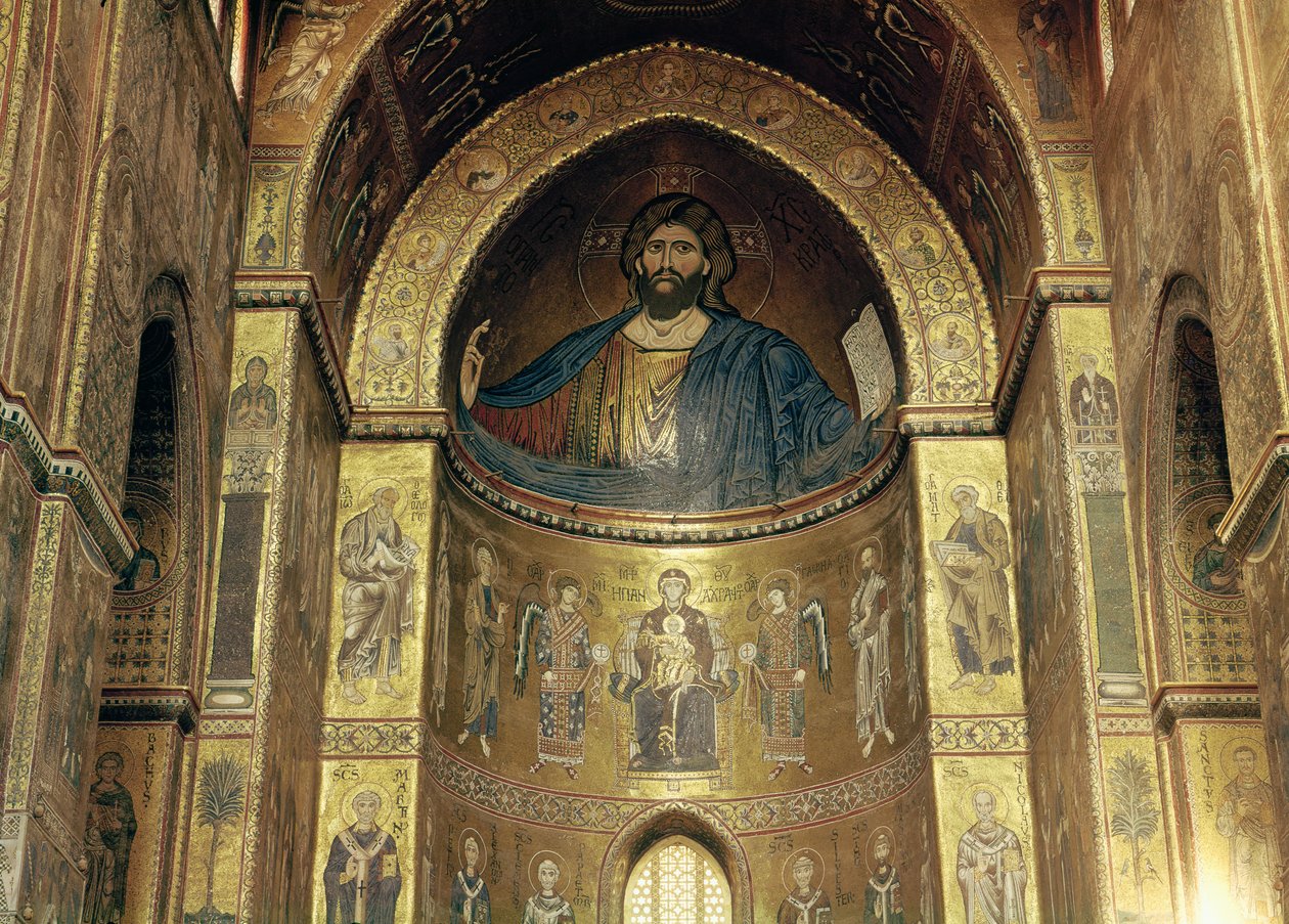 (TtoB) Kristus Pantokrator; Jomfru og barn med engler og apostler, fra hovedapsiden, 1100-1200-tallet (mosaikk) av Italian School
