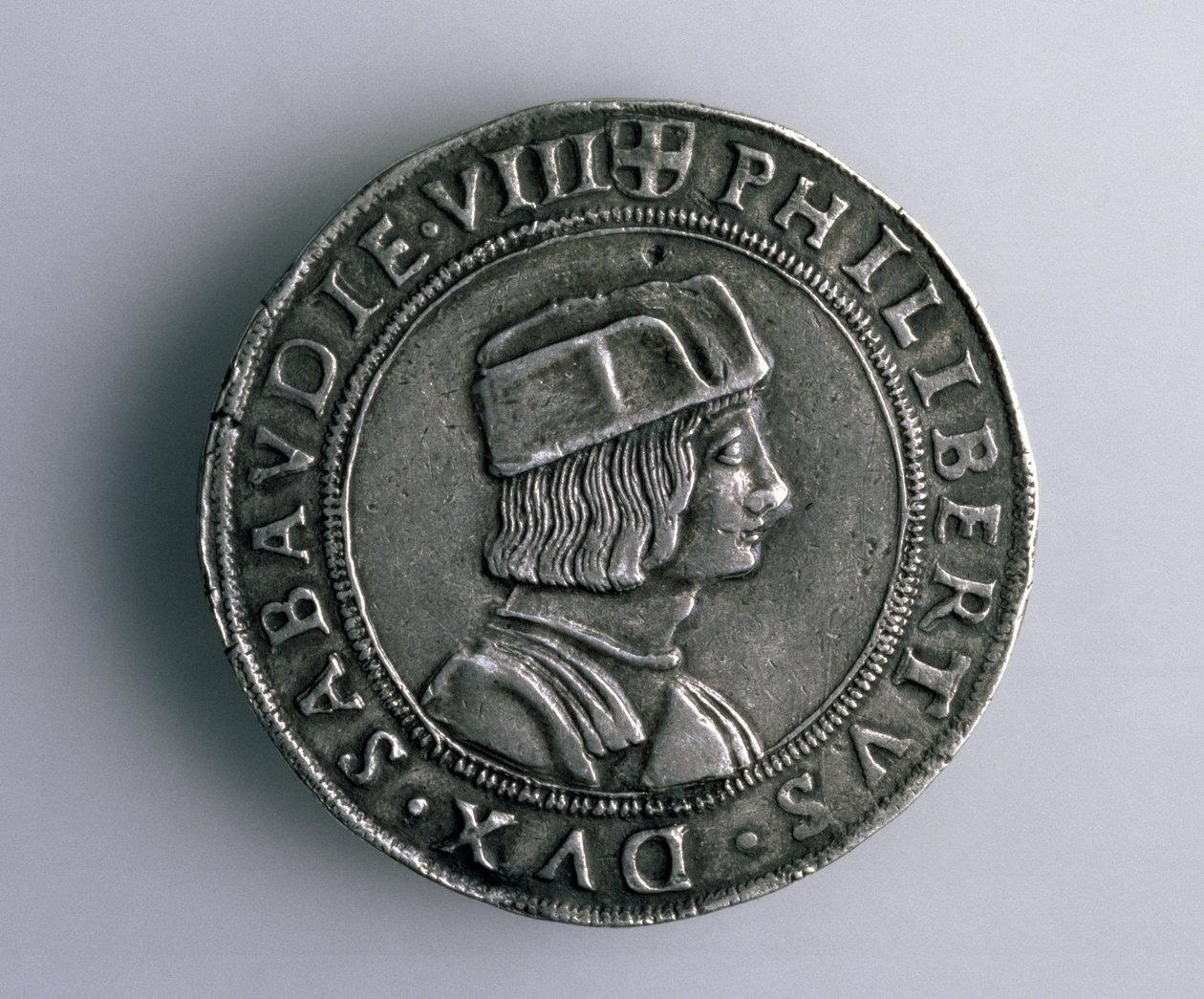 4-Teston-mynt (forside) av Philibert II av Savoy (1497-1504), 1400-1500-tallet (sølv) (for bakside se 165733) av Italian School