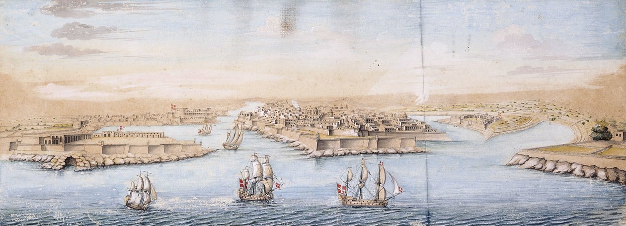 Et fugleperspektiv av Valetta fra havet, med Men-o-War inn i havnen, av Italian School