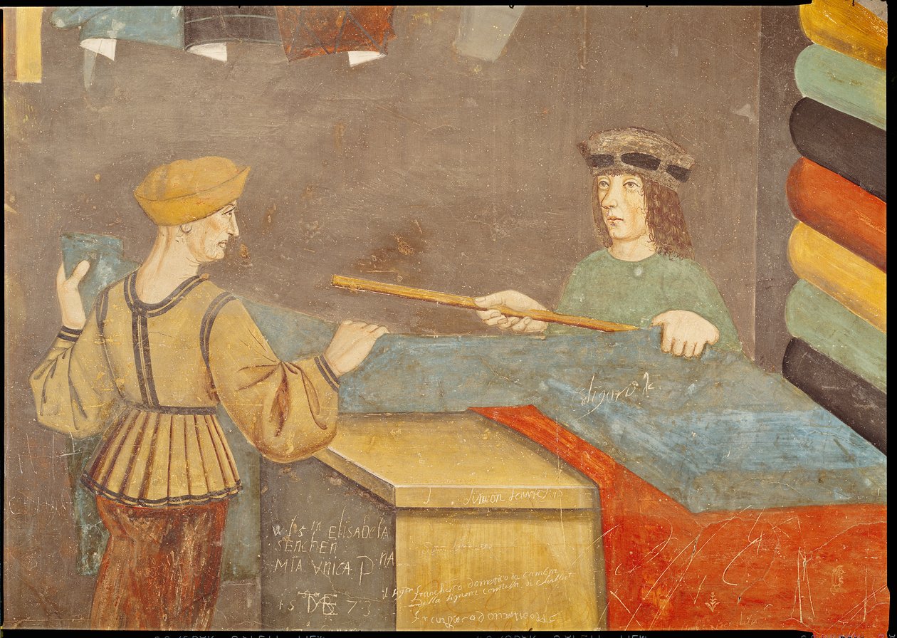 A Cloth Merchant Measuring Cloth (fresco) av Italian School