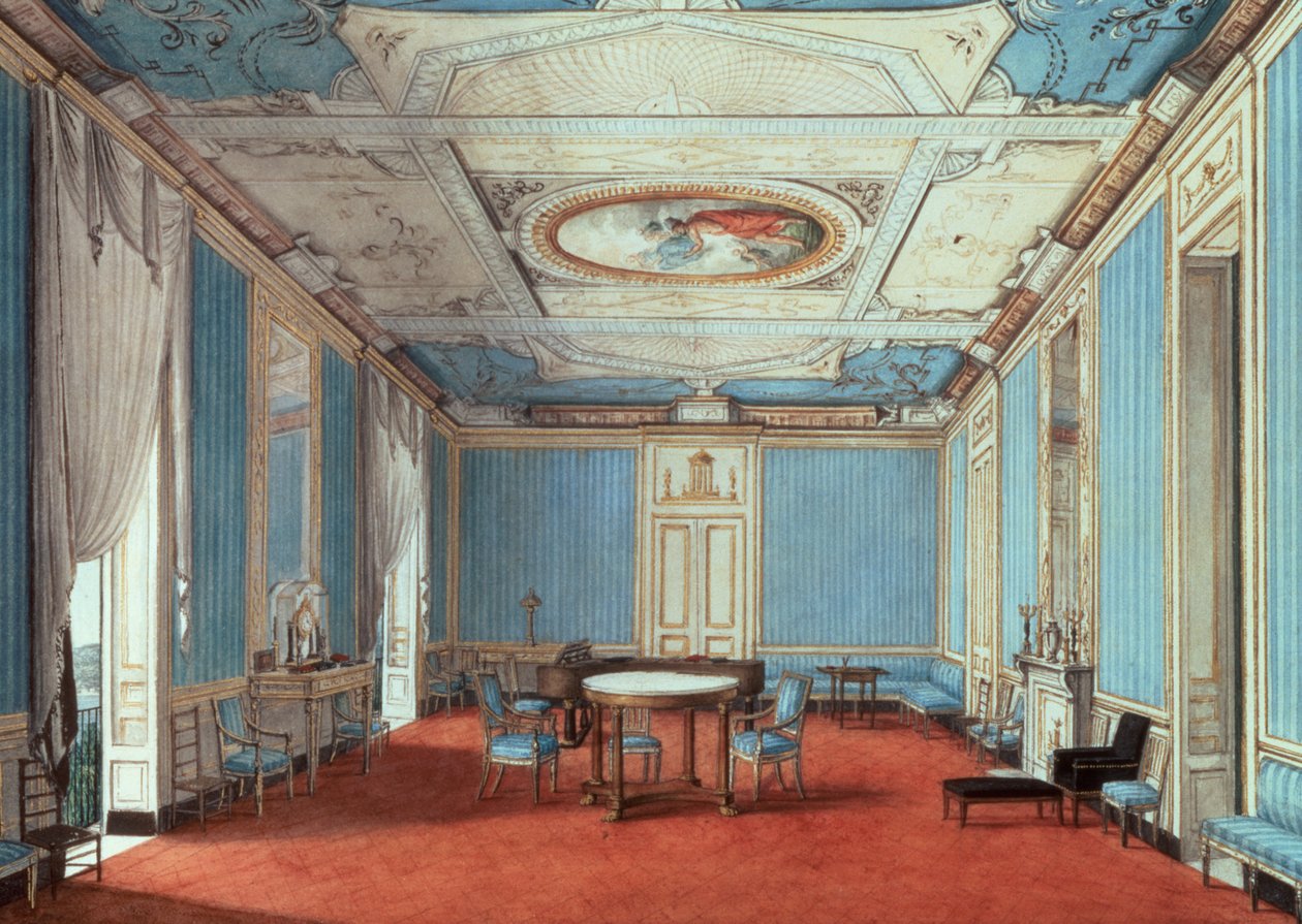 A Drawing Room in a Palazzo, Napoli, ca. 1810 (blyant og akvarell på papir)) av Italian School