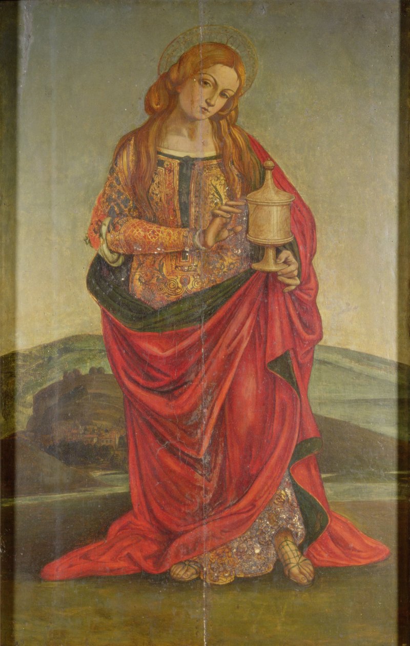 En kvinnelig helgen med en kalk, muligens Maria Magdalena, sannsynligvis 1500-tallet (panel) av Italian School