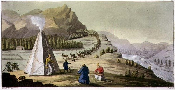 En lapphytte eller åttekantet telt med en reinflokk som kommer nedover fjellet, plate 47 fra 