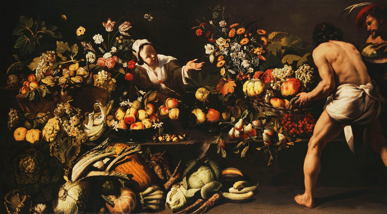 Et spisekammer fylt med grønnsaker, blomster og frukt, av Italian School