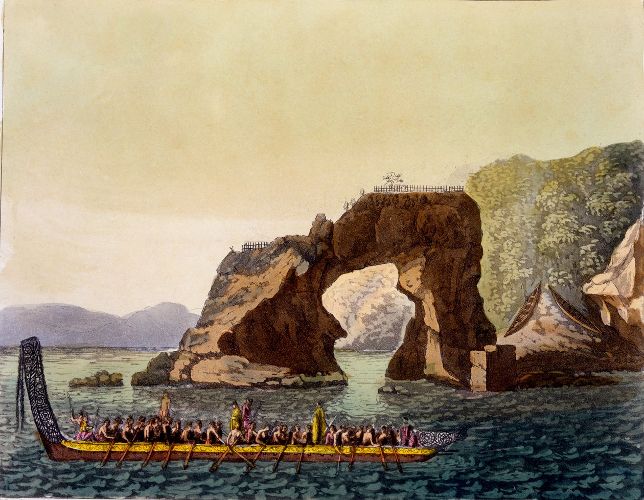 Et Maori-befestet utkikkspunkt i New Zealand, kombinert med Maori War Canoe, 1820-30-tallet (håndfarget akvatint) av Italian School