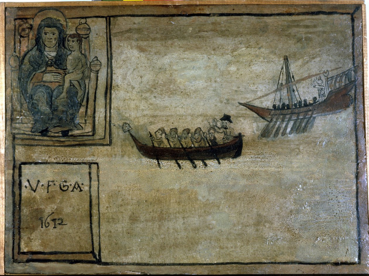 En napolitansk båt blir jaget av en barbaresk bysse. Ex voto de 1612 fra kirken Madonna dell