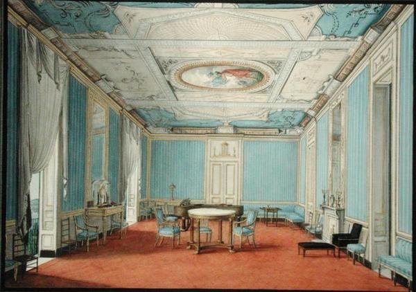 Et nyklassisk palassinteriør i Napoli, ca. 1830 (gouache og akvarell forsterket med gull på papir) av Italian School