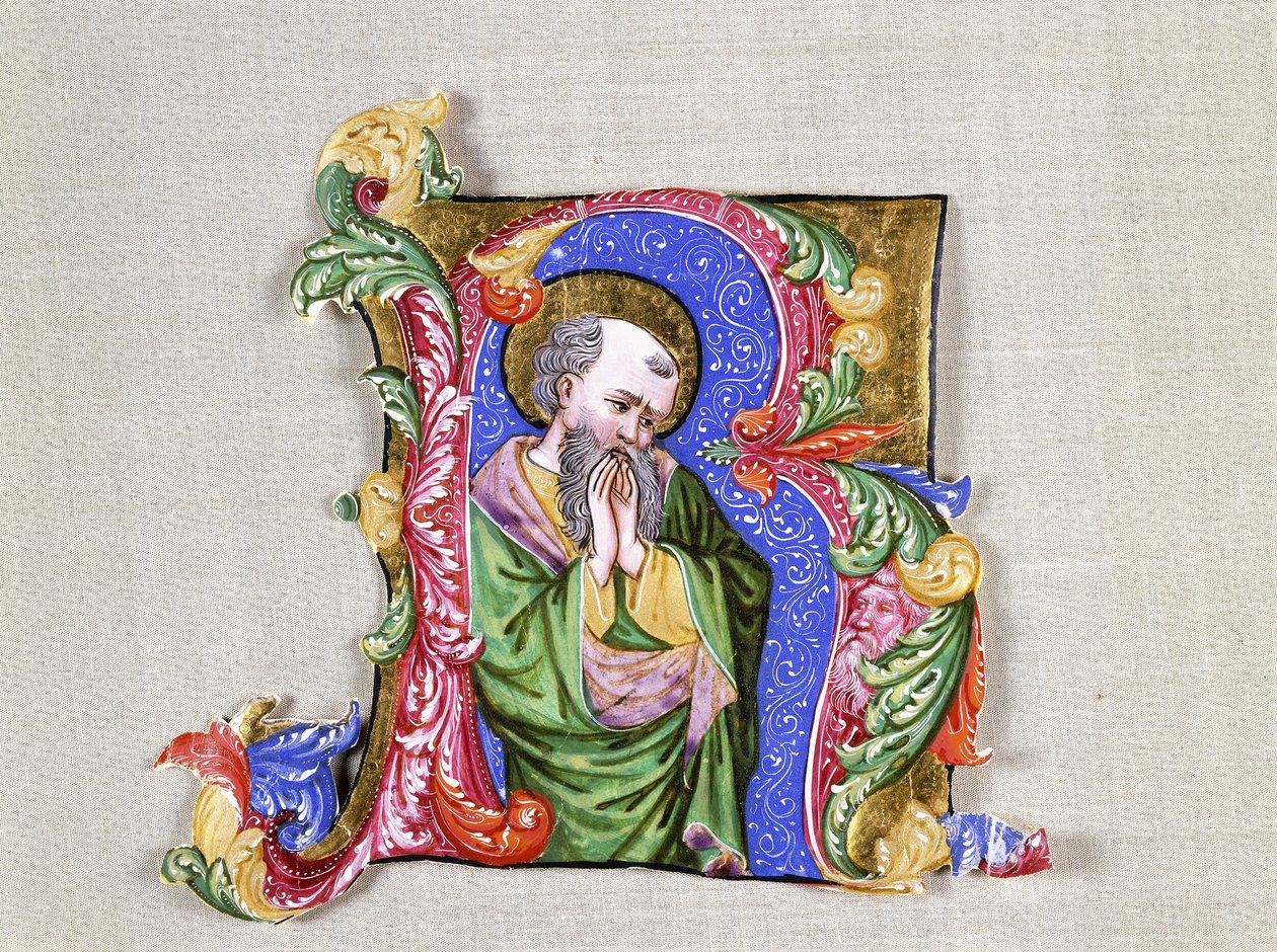 A Praying Saint, en stor historisk initial R, ca. 1400 (historisk initial, kuttet fra en antifonal på vellum) av Italian School