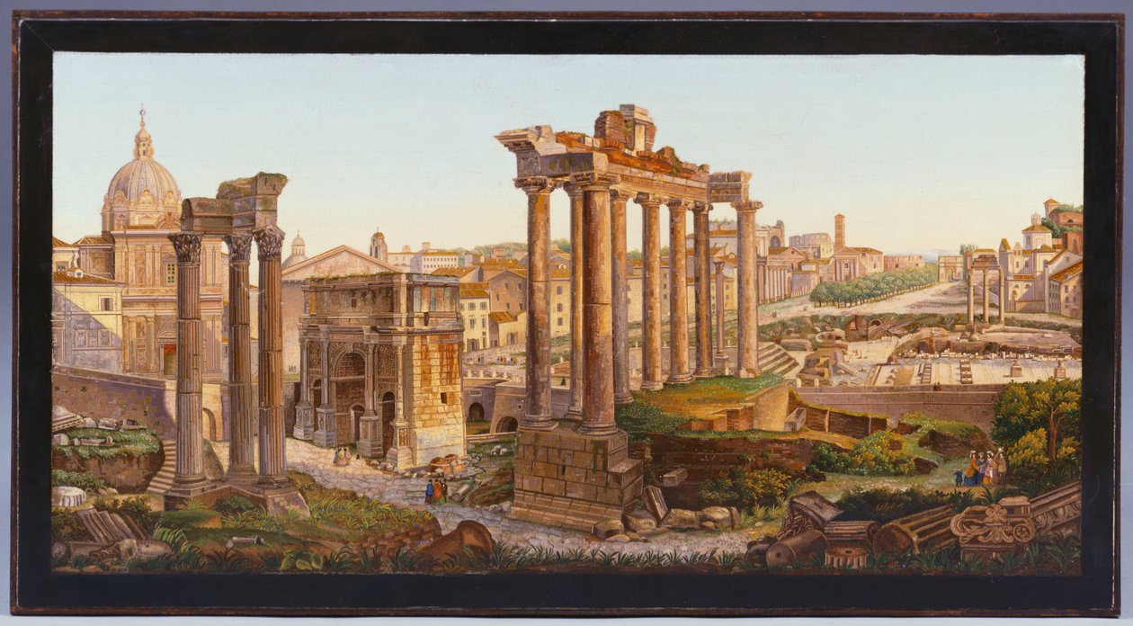 En romersk mikro-mosaikk bordplate innlagt med figurer foran templene til Castor og Pollux i Forum Romanum av Italian School