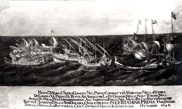 Et sjøslag mellom den venetianske flåten under general Francesco Morosini (1618-94) mot tyrkerne utenfor kysten av Kreta, oktober 1645 (olje på lerret) (svart-hvitt-foto) av Italian School