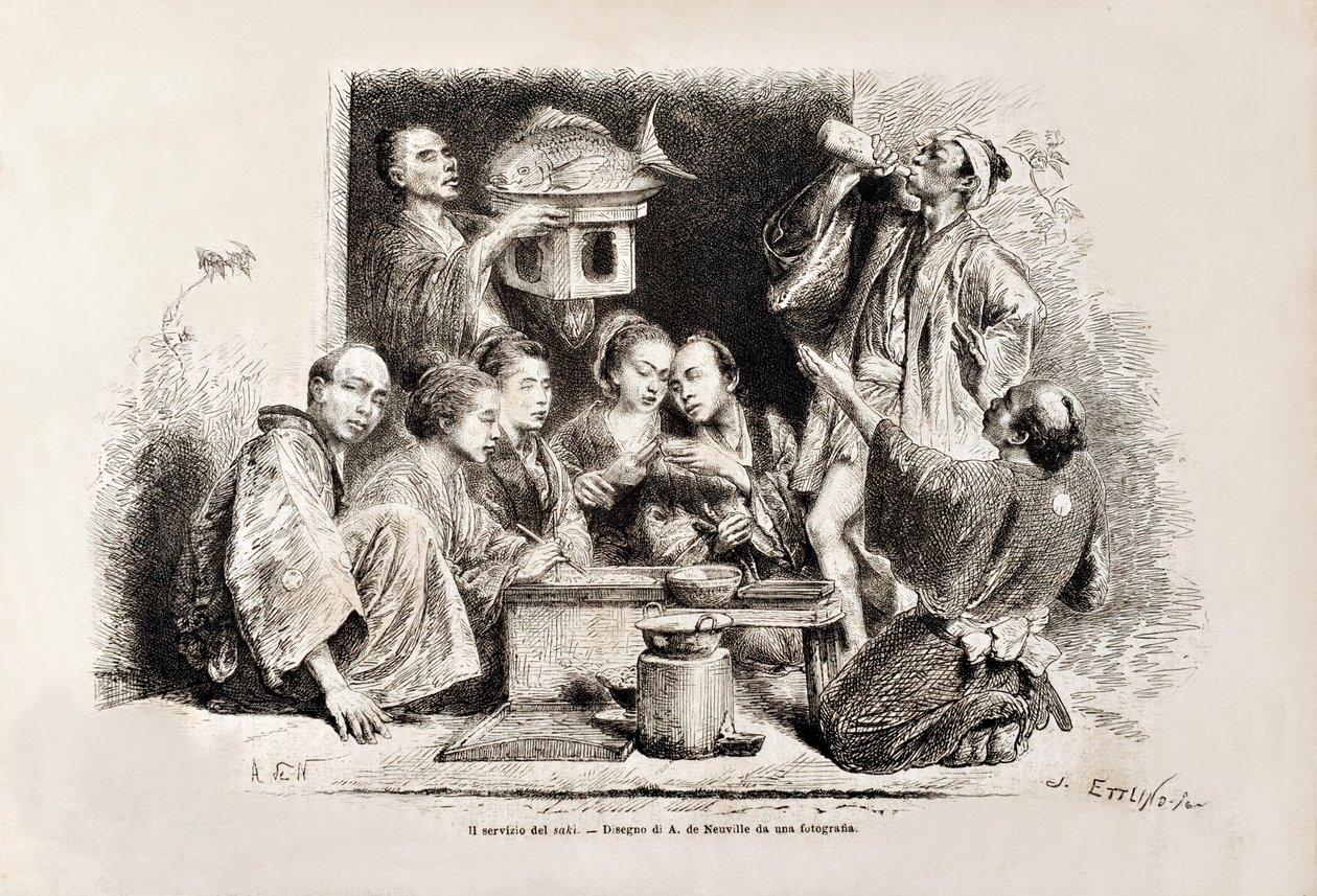 A Small Party Drinking Sake, fra den italienske utgaven av Tour du Monde, 1869 av Italian School