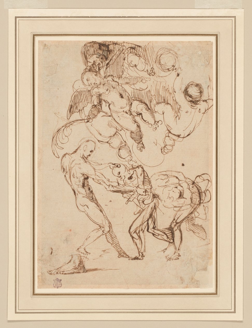 En studie av bundne mannlige figurer som blir håndtert, og forskjellige Putti, en som holder et palmeblad av Italian School