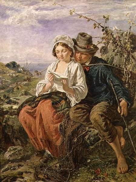 En vedsamler og en jente leser av Italian School