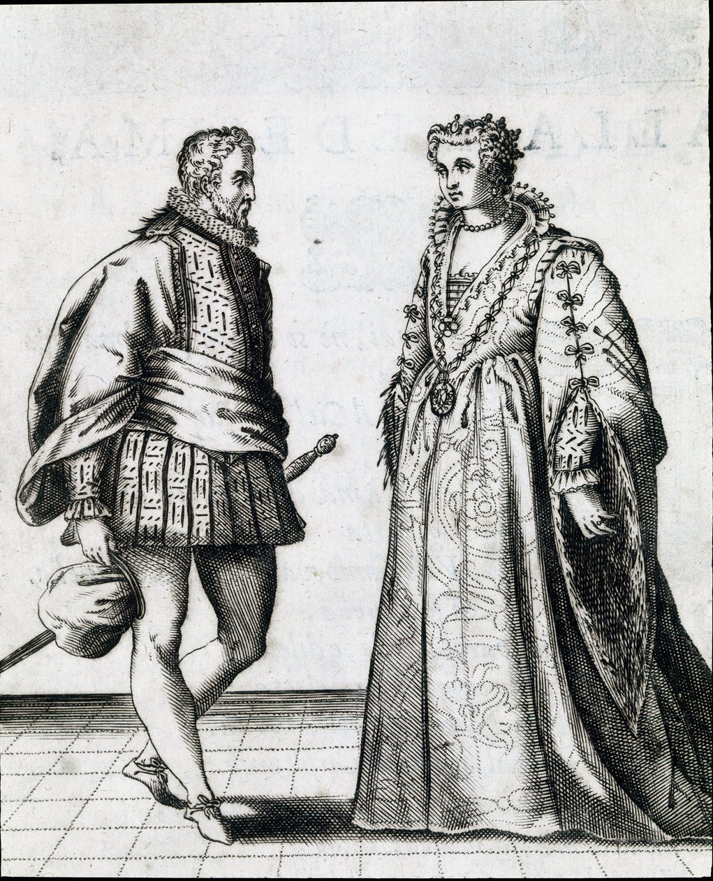 Et par italiensk adel. Gravering fra "" Il ballarino "" (eller Il danser) handler om dansen til dansemesteren Fabritio Caroso (1527 / 1535-1605 / 1620) 1581. Civic Museum Biblioteca Musicale, Bologna av Italian School