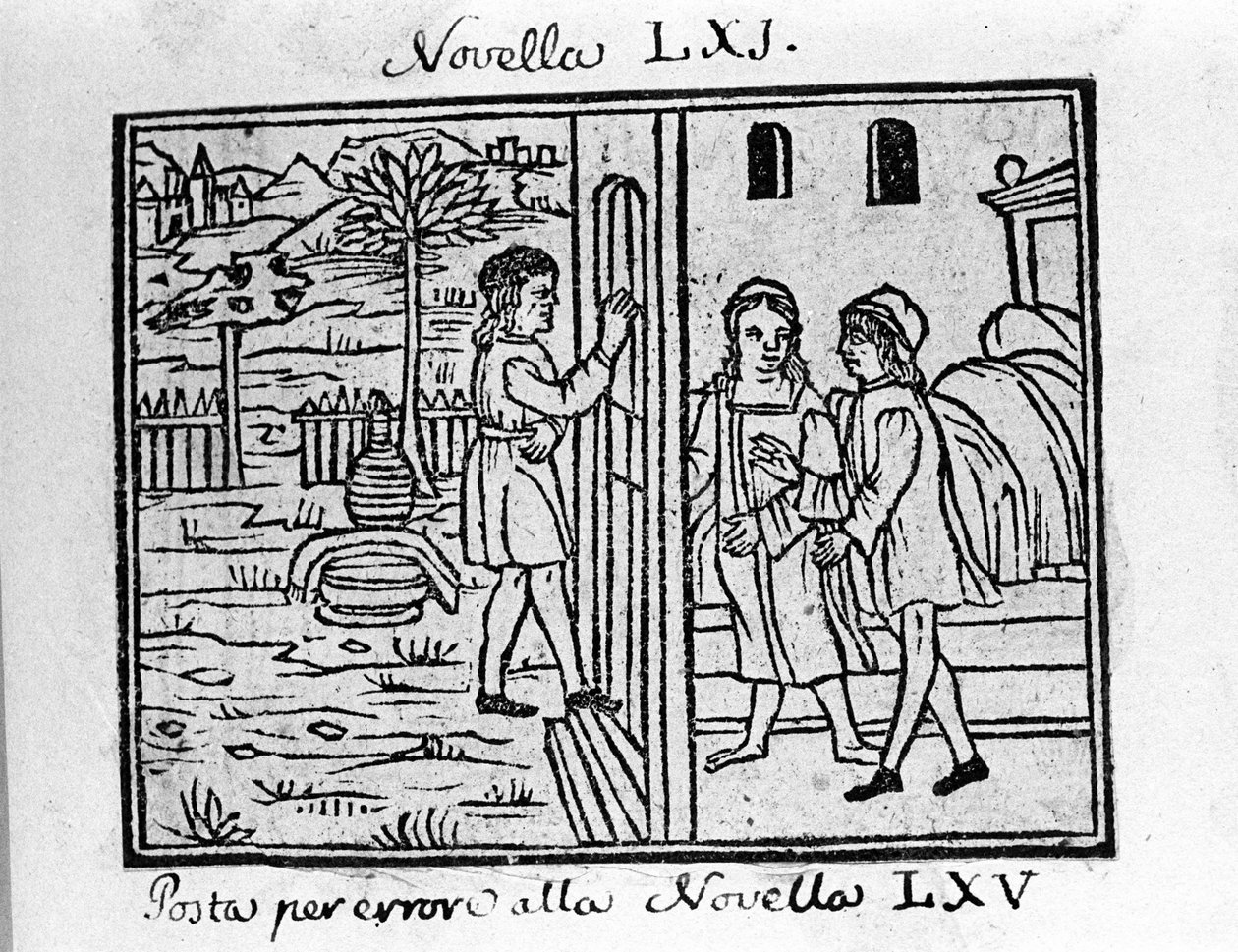 Et par ønsker å banke på døren deres. Illustrasjon for nyheter 61 (Nyheter 1 av den 7. dagen) av "Decameron"" av Giovanni Boccaccio dit Jean Boccaccio (1313-1375), italiensk forfatter. Gravering i "" Decamerone ouer Cento nouelle"" Venezia, Bartolomeo de 