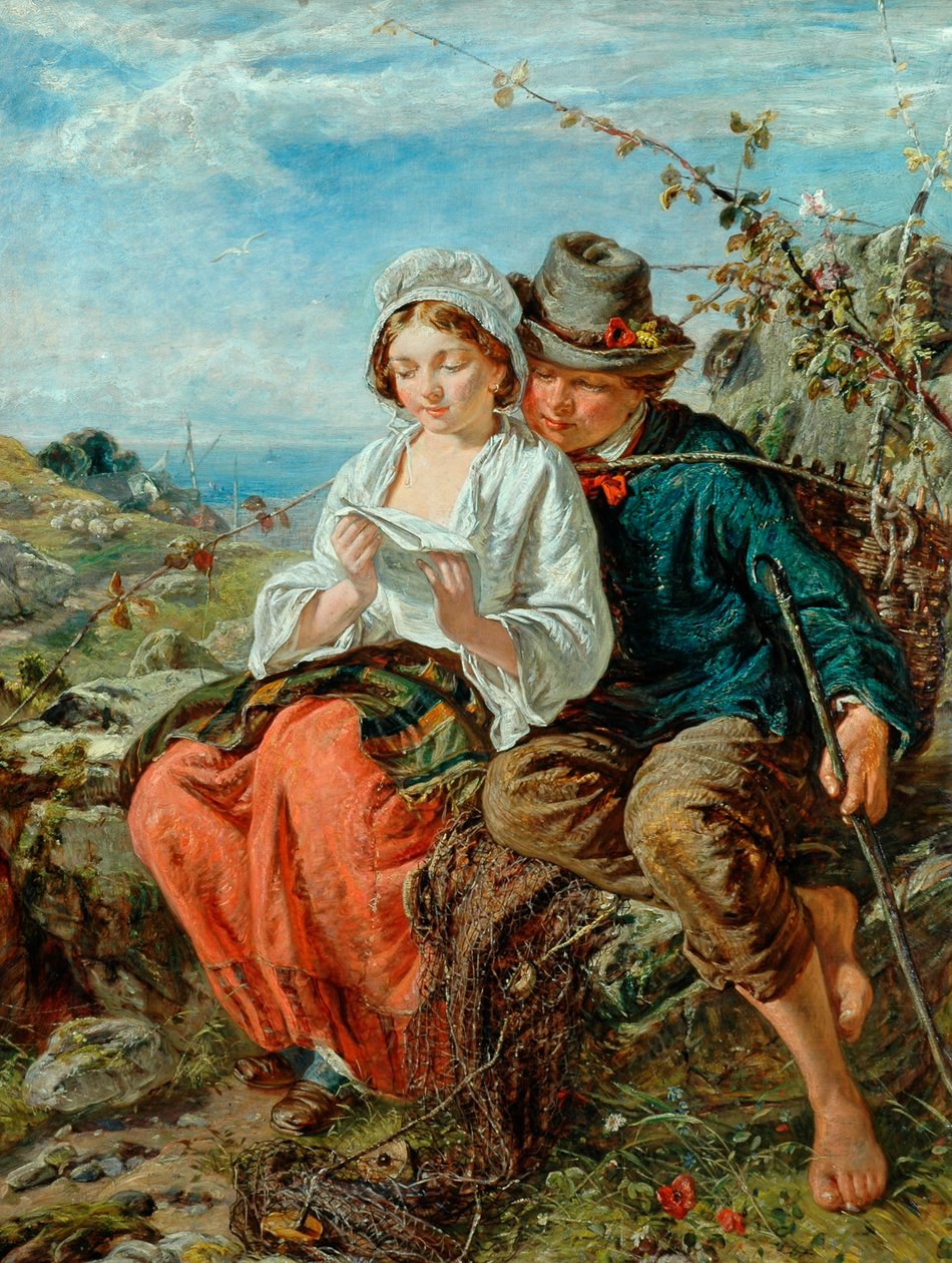 En fisker-gutt og en pike som leser, 1850-79 av Italian School