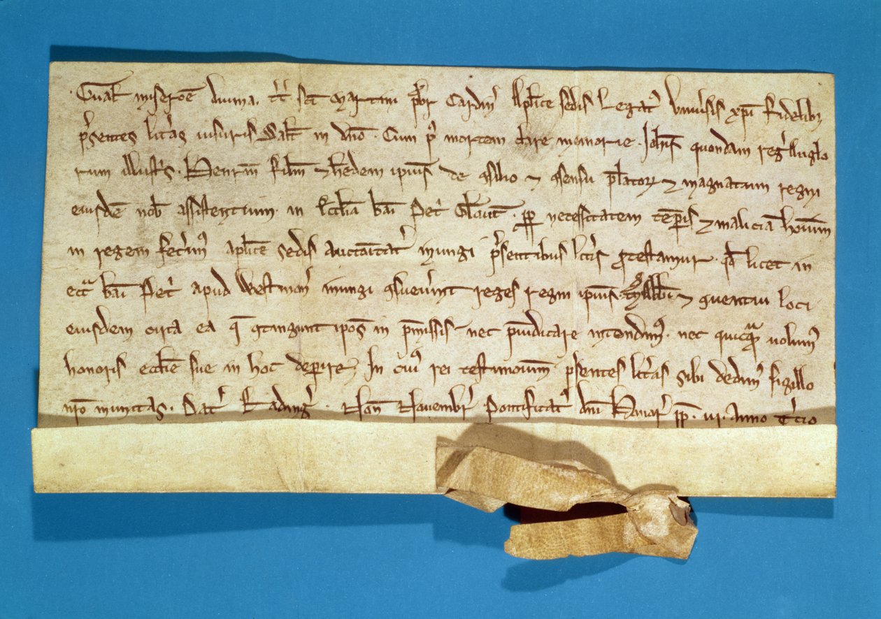 En formell protest over salvelsen av Henry III (1207-72) i Gloucester, skrevet av den pavelige legat, kardinal Gualo, 1218 av Italian School