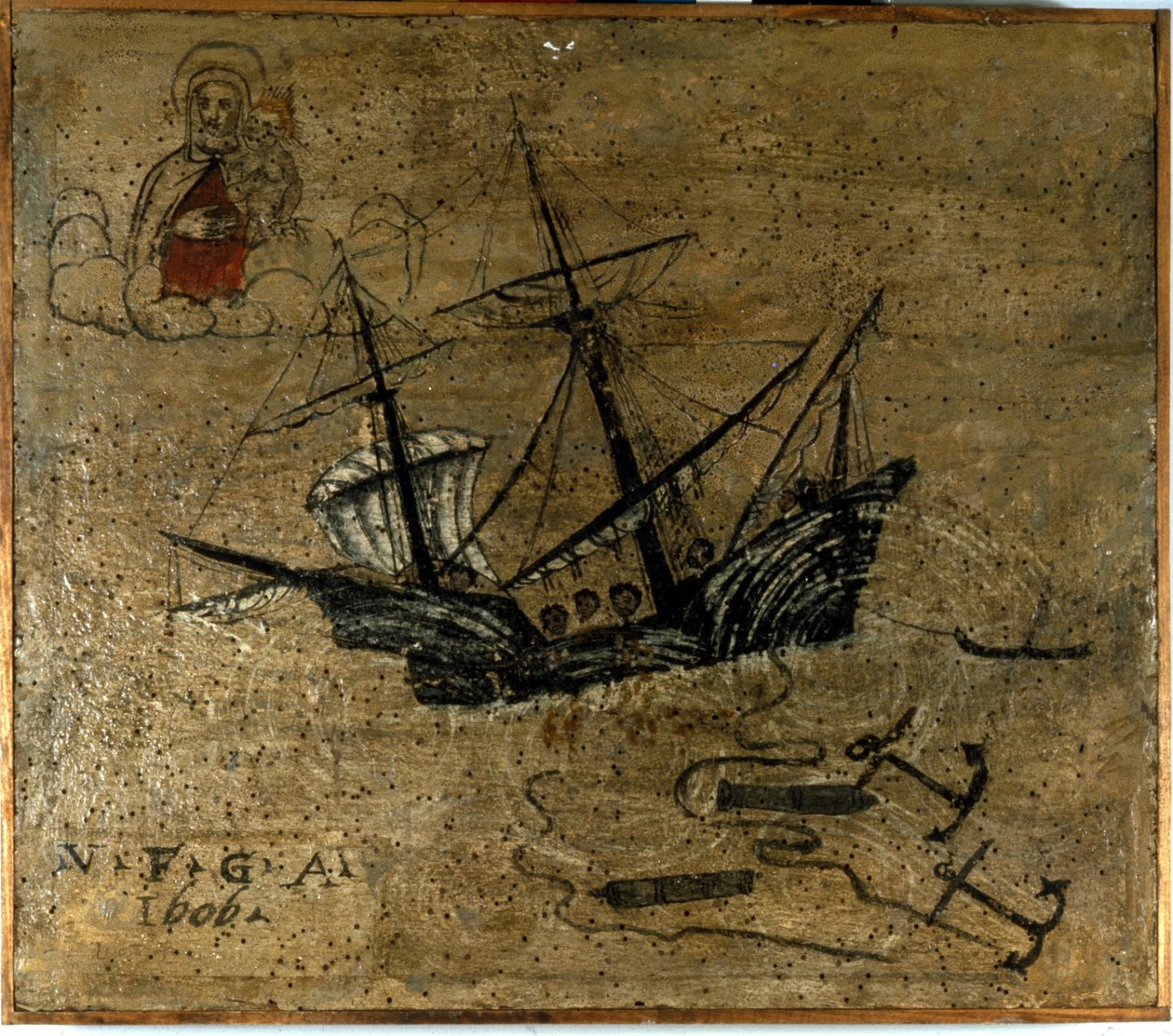 En gallion kaster ankere og to kanoner for å slippe løs under en storm. Ex voto de 1610 del l