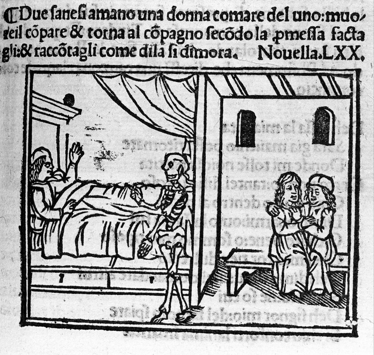 En mann forelsket i sin venns kone erstatter ham i ekteskapet når han dør. Illustrasjon for nyheter 70 (Nyheter 10 av den sjette dagen) av "Decameron"" av Giovanni Boccaccio dit Jean Boccaccio (1313-1375), italiensk forfatter. Gravering i «» Decame av Italian School