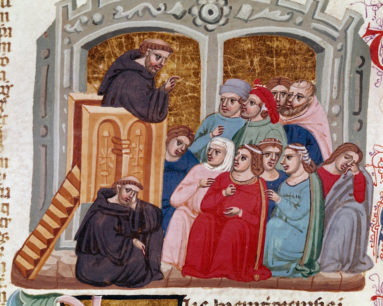 En predikator som henvender seg til en mengde miniatyrfideles fra "" Decret de Gratien"" ("Concordia discordantium canonum" eller "Decretum Gratiani") som dateres tilbake til 1140 og regulerer lovene og kanonene til den romersk-katolske kirke. Siena fra 13 av Italian School