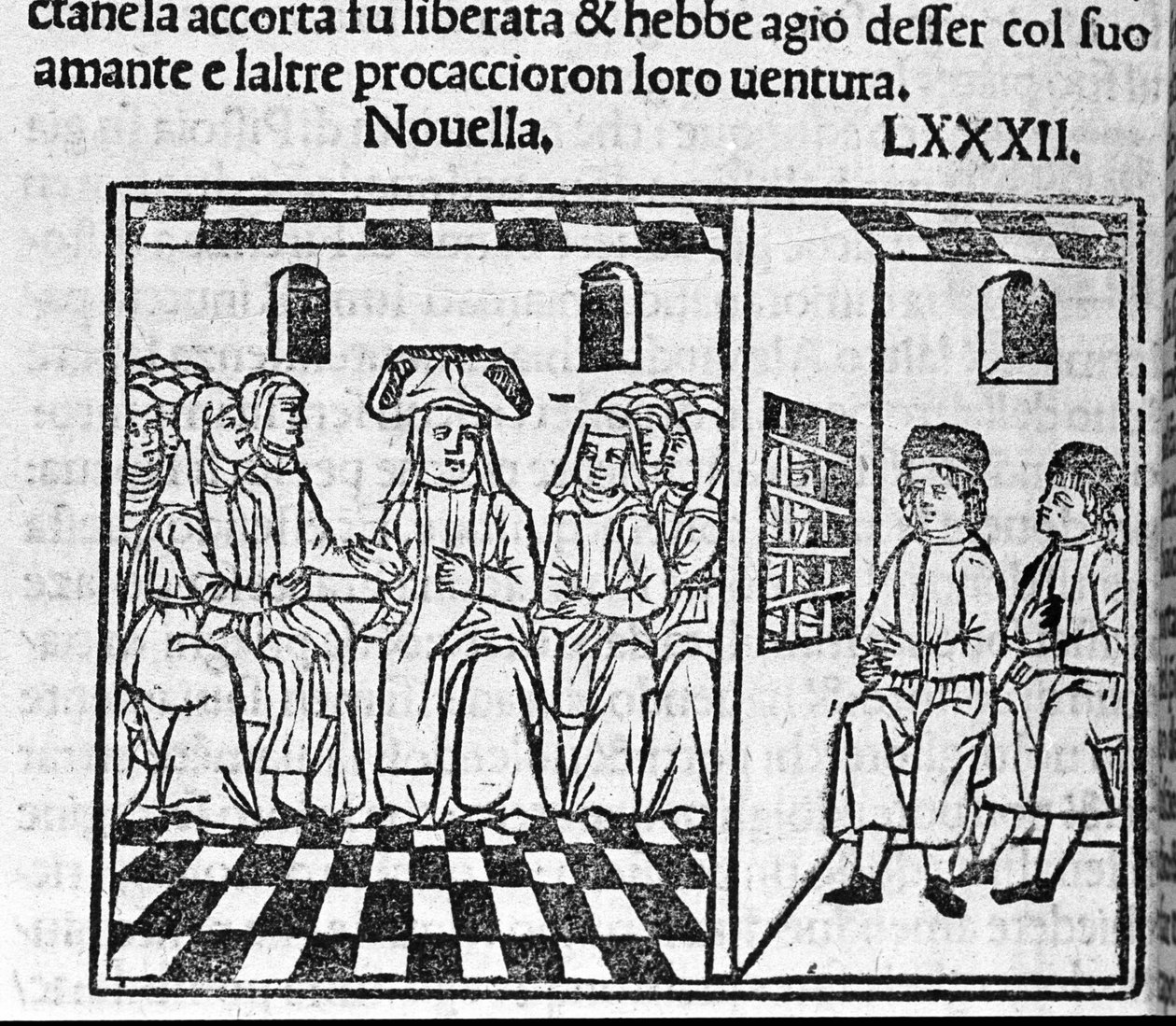 En historie om kjærligheten til en nonne. Illustrasjon for nyheter 82 (Ny 2 av den niende dagen) av "Decameron"" av Giovanni Boccaccio dit Jean Boccaccio (1313-1375), italiensk forfatter. Gravering i "" Decamerone ouer Cento nouelle"" Venezia, Bartolomeo d av Italian School