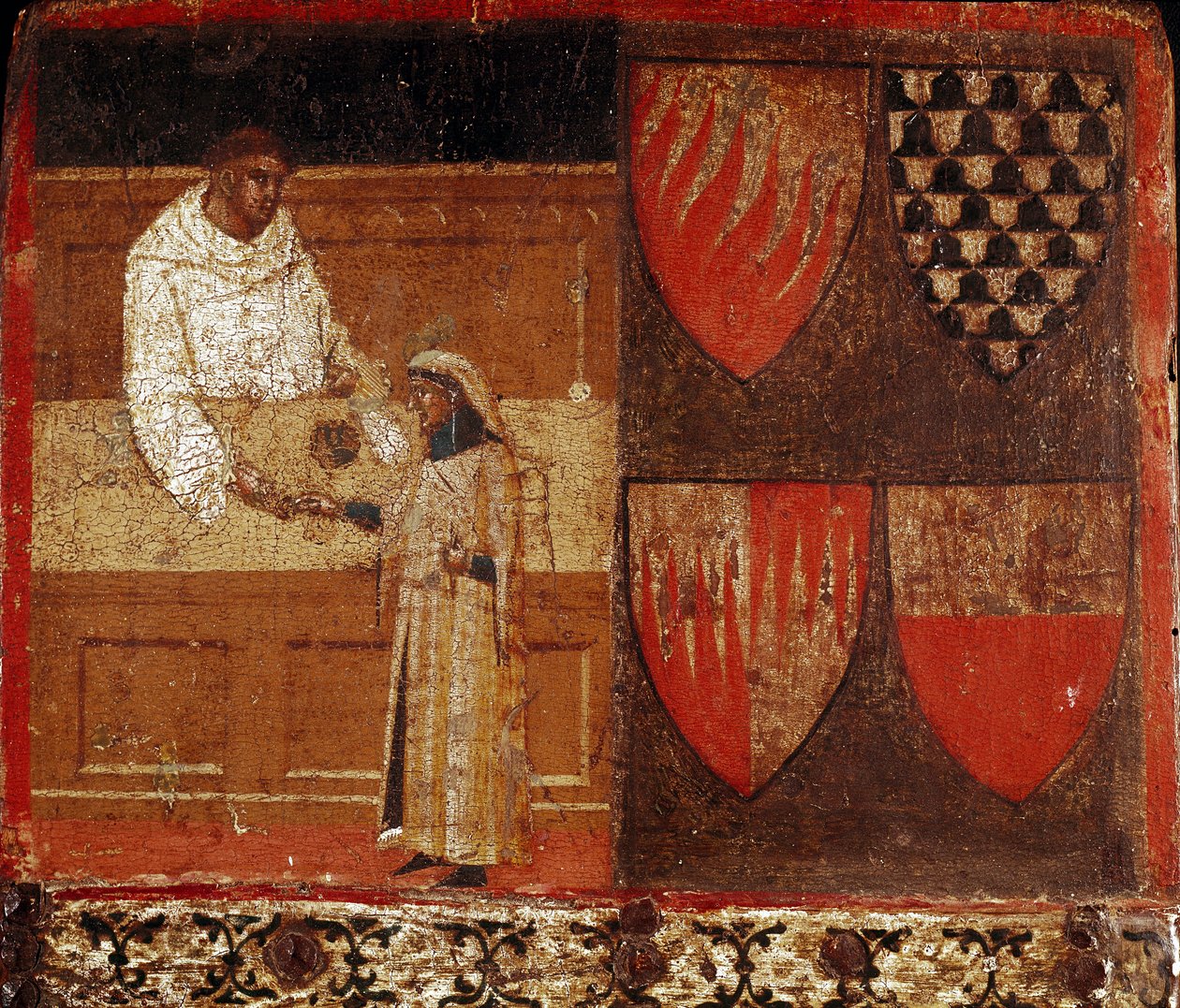 En skatteoppkrever og en skattebetaler Anonymt maleri på tre som dekorerer en Biccherna (omslag til regnskapsregisteret til byen Siena) fra 1340. Nasjonalarkiv - Museo delle Tavolette de Bicherna, Siena. av Italian School