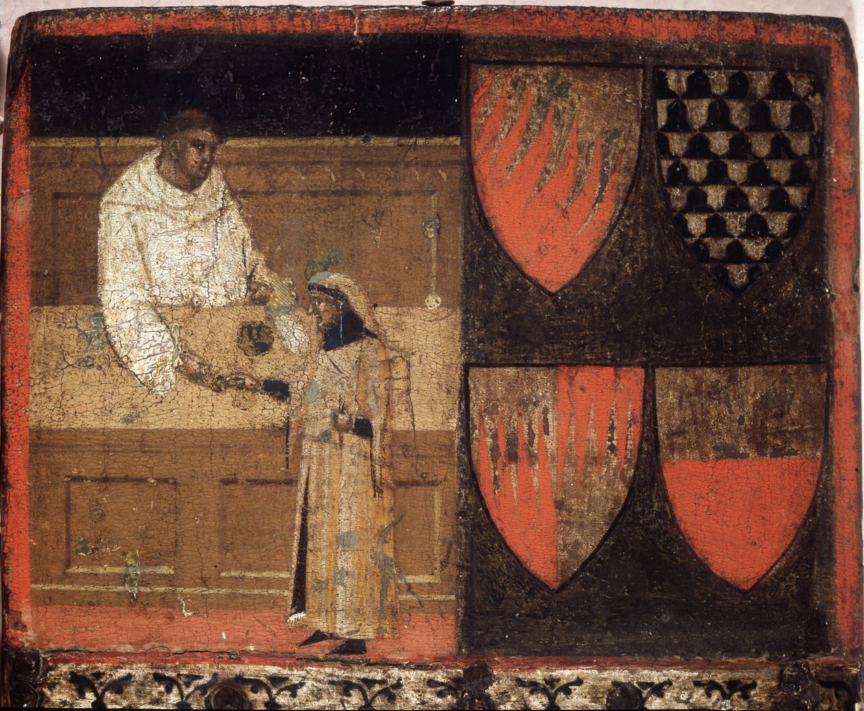 En skatteoppkrever og en skattebetaler, Biccherna (omslaget til regnskapsregisteret til byen Siena) fra 1340. Nasjonalarkivet - Museo delle Tavolette de Bicherna, Siena. av Italian School