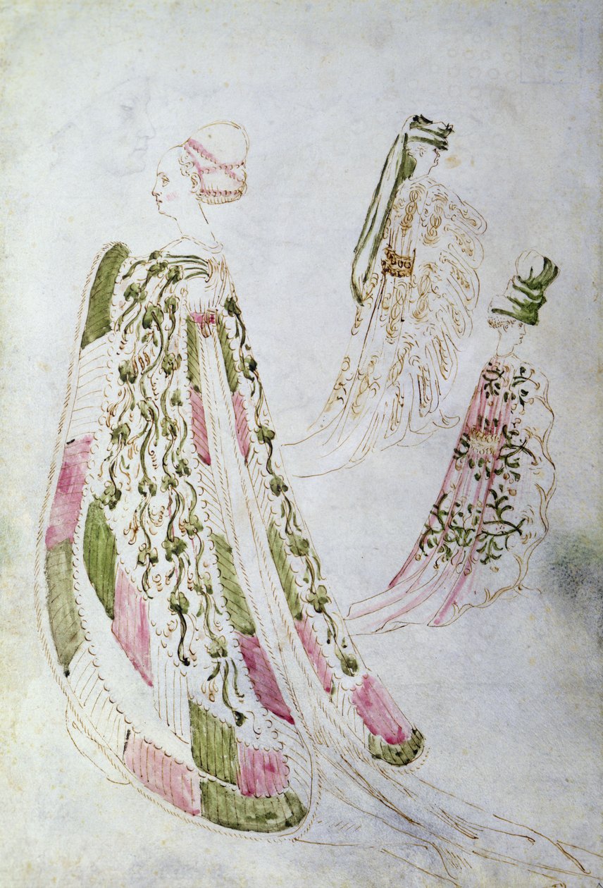 En kvinne og to menn i lange frakker, ca. 1450 (blekk og akvarell på papir) av Italian School