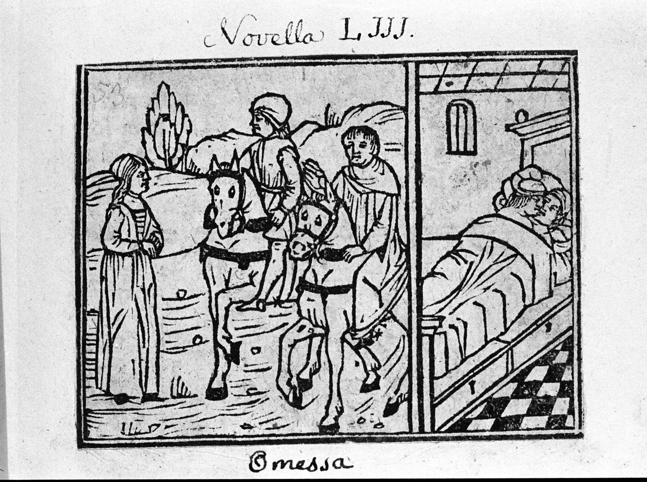 En kvinne møter to ryttere, og har et par i et rom. Illustrasjon for nyheter 53 (Nyheter 3 av den 6. dagen) av "Decameron"" av Giovanni Boccaccio dit Jean Boccaccio (1313-1375), italiensk forfatter. Gravering i "" Decamerone ouer C av Italian School