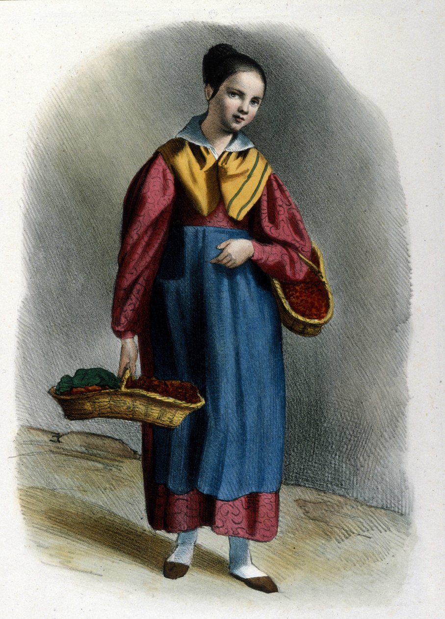 En ung vandrende jordbærselger. Milanesisk metiergravering av Locarno fra 1830. av Italian School