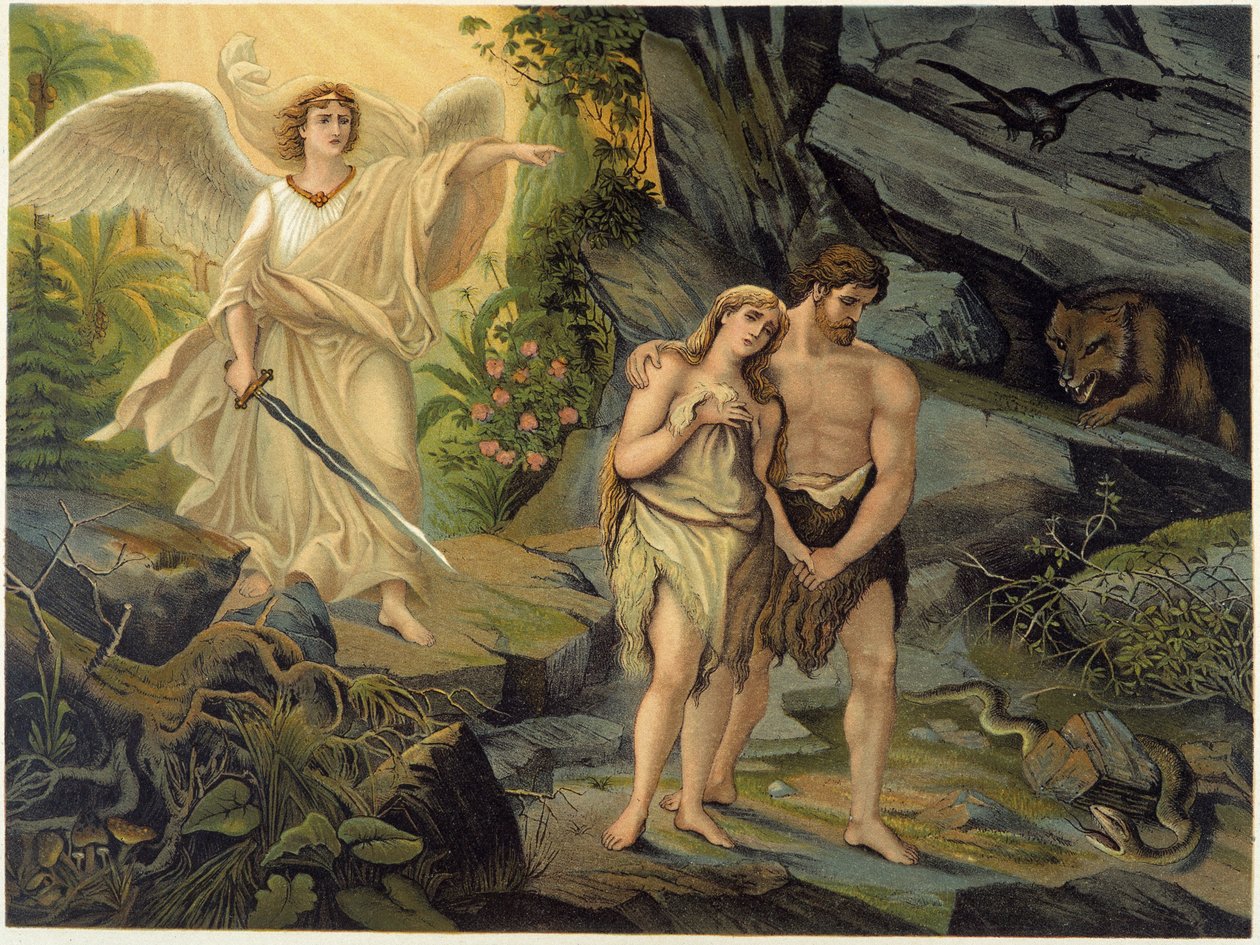 Adam og Eva jaget ut av det jordiske paradis (Eden) av erkeengelen - i "" Golden Classic Bible: History of Divine Revelation in the Ancient and New Stress "" av Giovanni Ladislao Sykora (bd. 1), oversatt av Don Clemente Benetti . (Italiensk bibel av Italian School