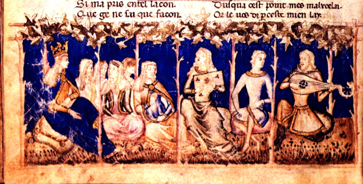 Add.12228 fol.222v En dronning lytter til musikk, fra Roman du Roy Meliadus de Leonnoys, c.1352 (vellum) av Italian School