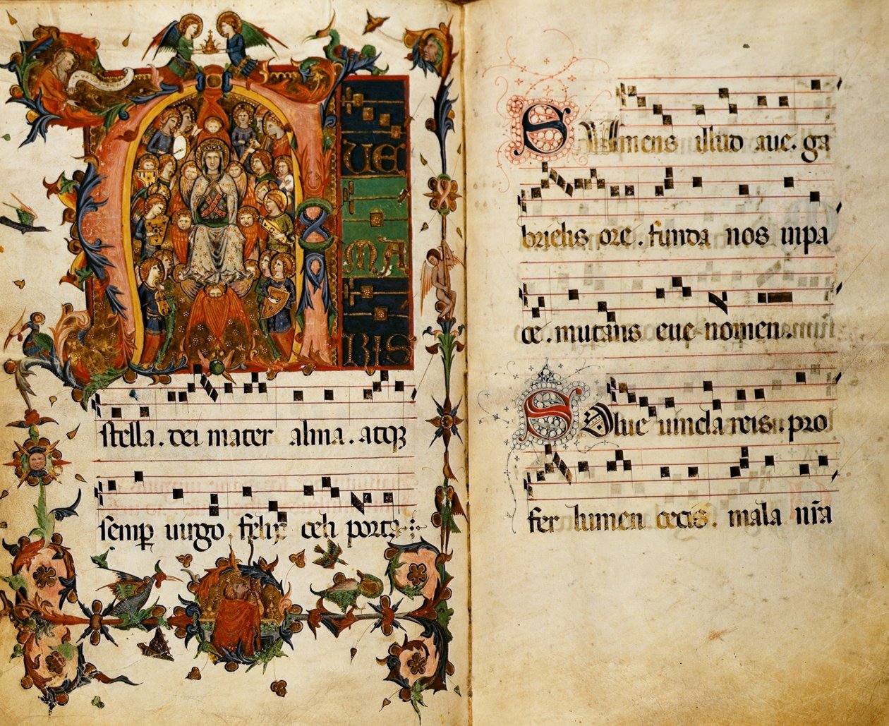 Add.30014 ff.124v-125 Jomfruen med engler, fra 'Salmeboken til St. Frelserens kloster, Siena' av Italian School