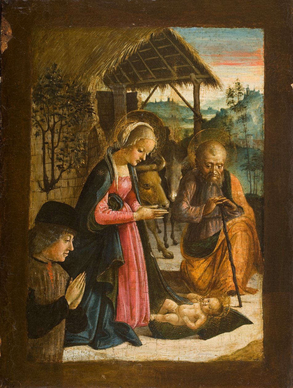 Tilbedelse av barnet med portrett av donor, ca. 1500 (tempera på panel) av Italian School