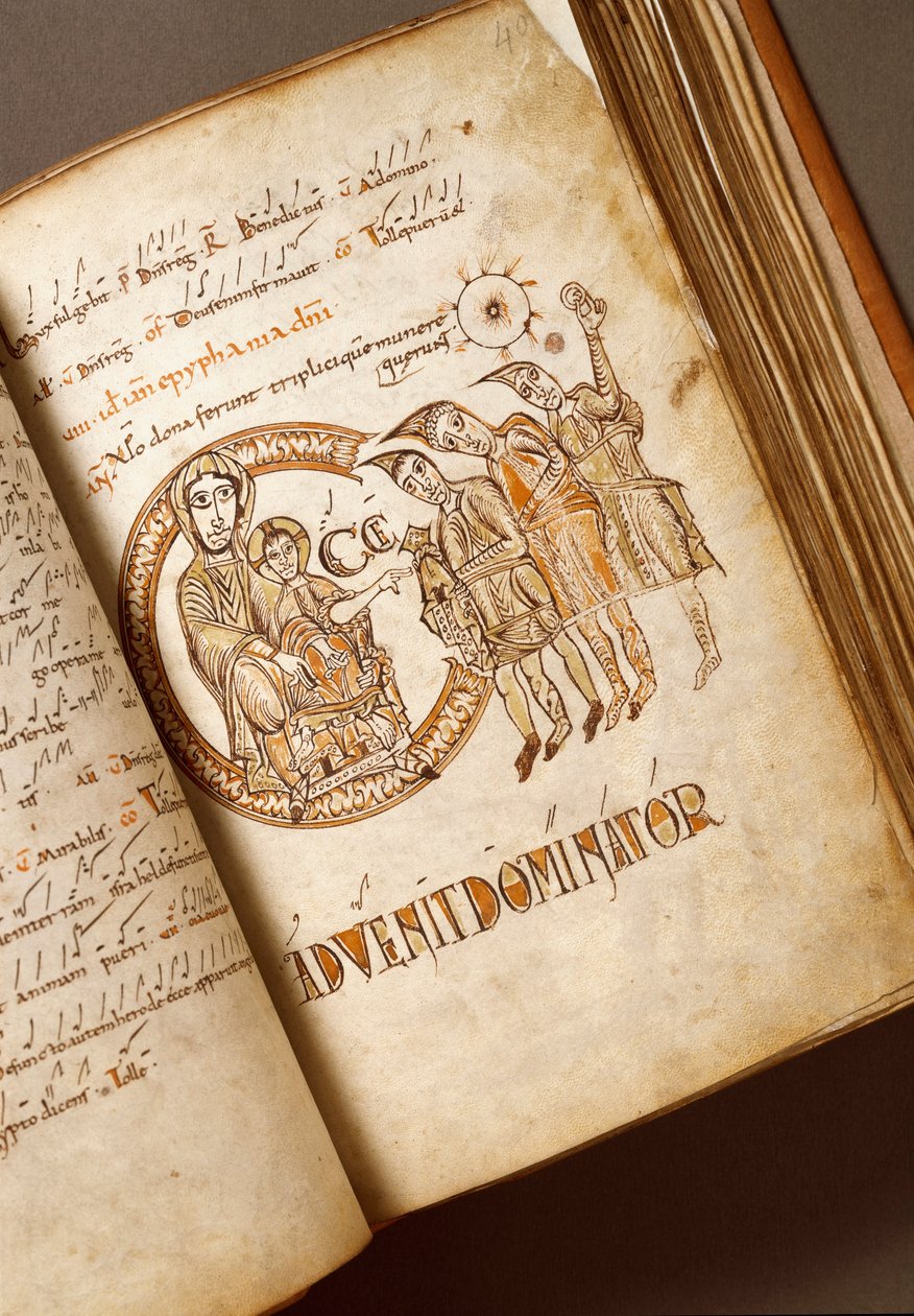 Tilbedelse av Magi-manuskriptet til Bolognese-skolen. (Ms.123-Foglio 40 r) Roma fra 1000-tallet, Biblioteca Angelica av Italian School