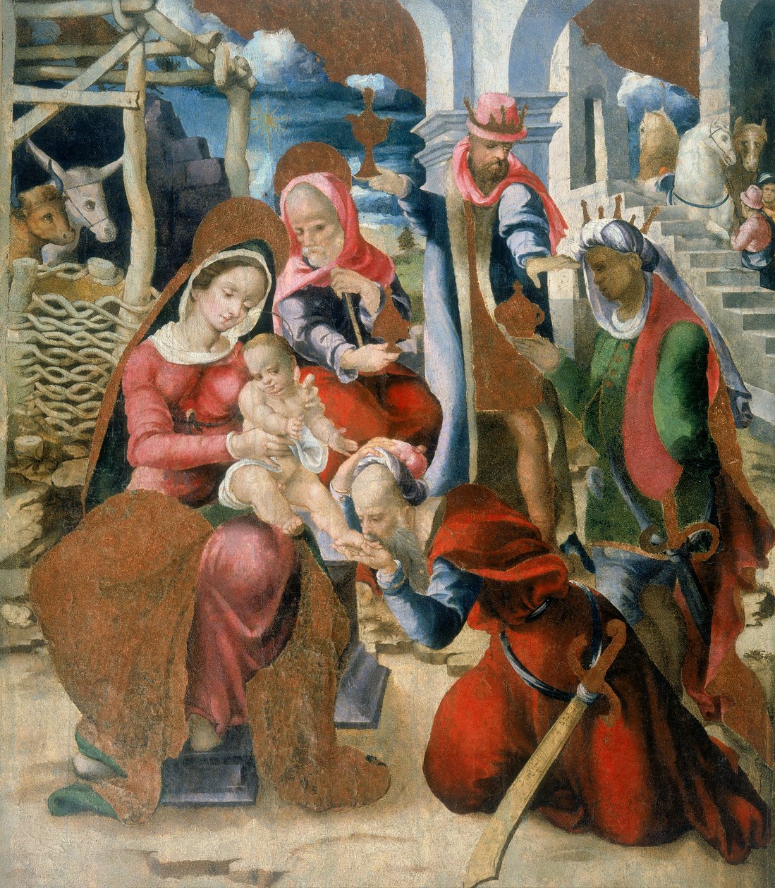 Tilbedelse av magiene. Panel, en del av den demonterte retabloen til kirken Santa Maria degli Angeli i Bortigali, Sardinia av Italian School