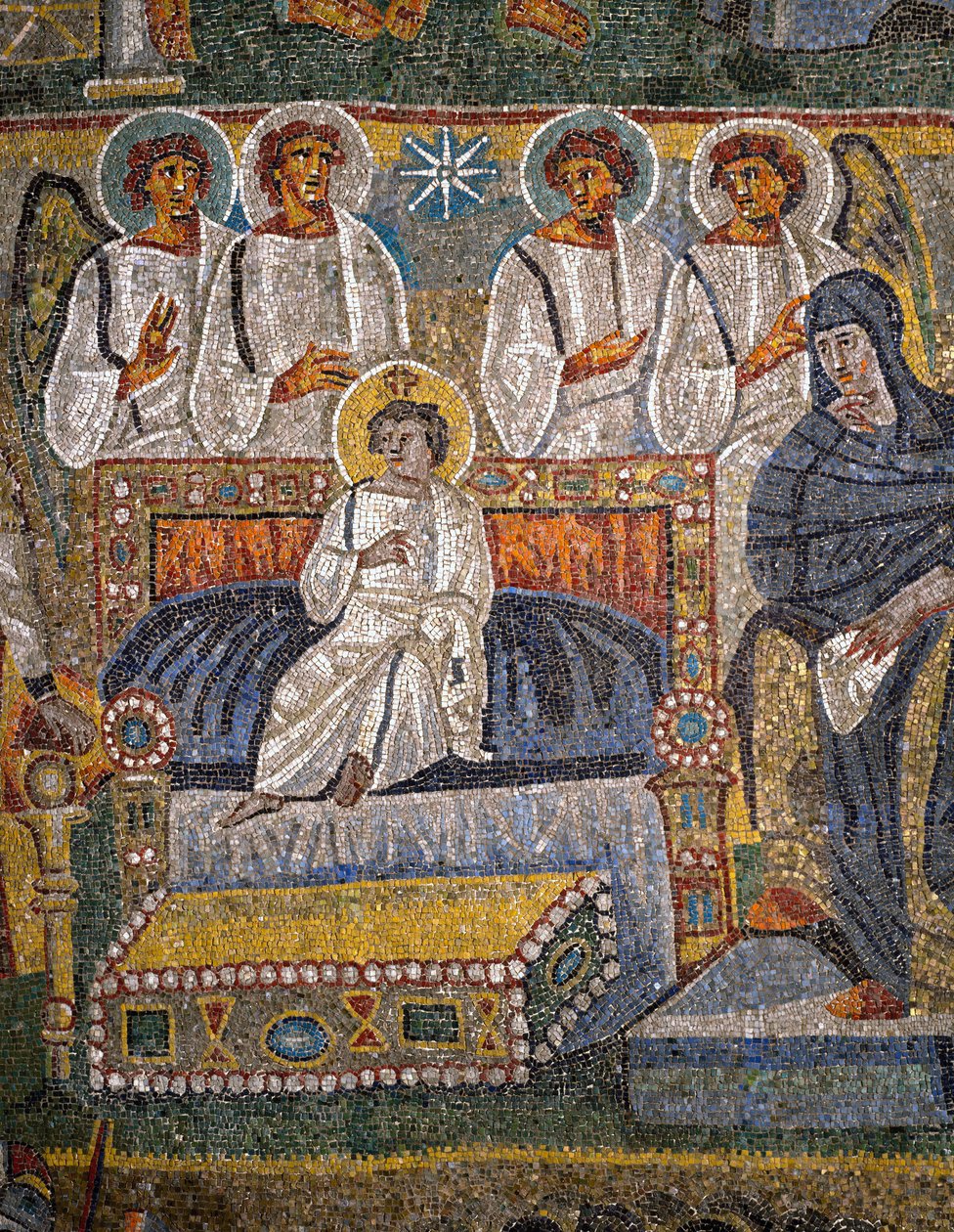 Tilbedelse av magi, detalj av Kristus omgitt av engler (mosaikk) av Italian School
