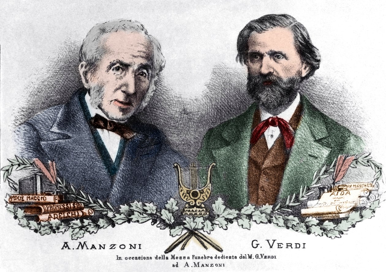 Alessandro Manzoni og Giuseppe Verdi i anledning Messa da Requiem (farget gravering) av Italian School