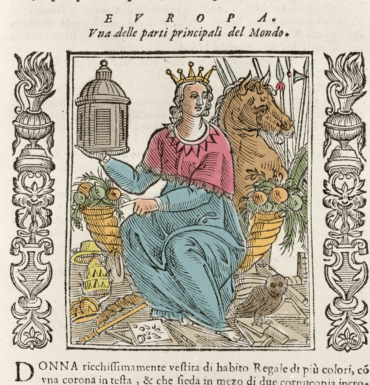 Allegori av Europa i form av en rikt kledd kvinne, kronet, omgitt av horn av overflod. Tallerken hentet fra "" Iconologia"" av Cesare Ripa (1550 ca. 1622) av Italian School