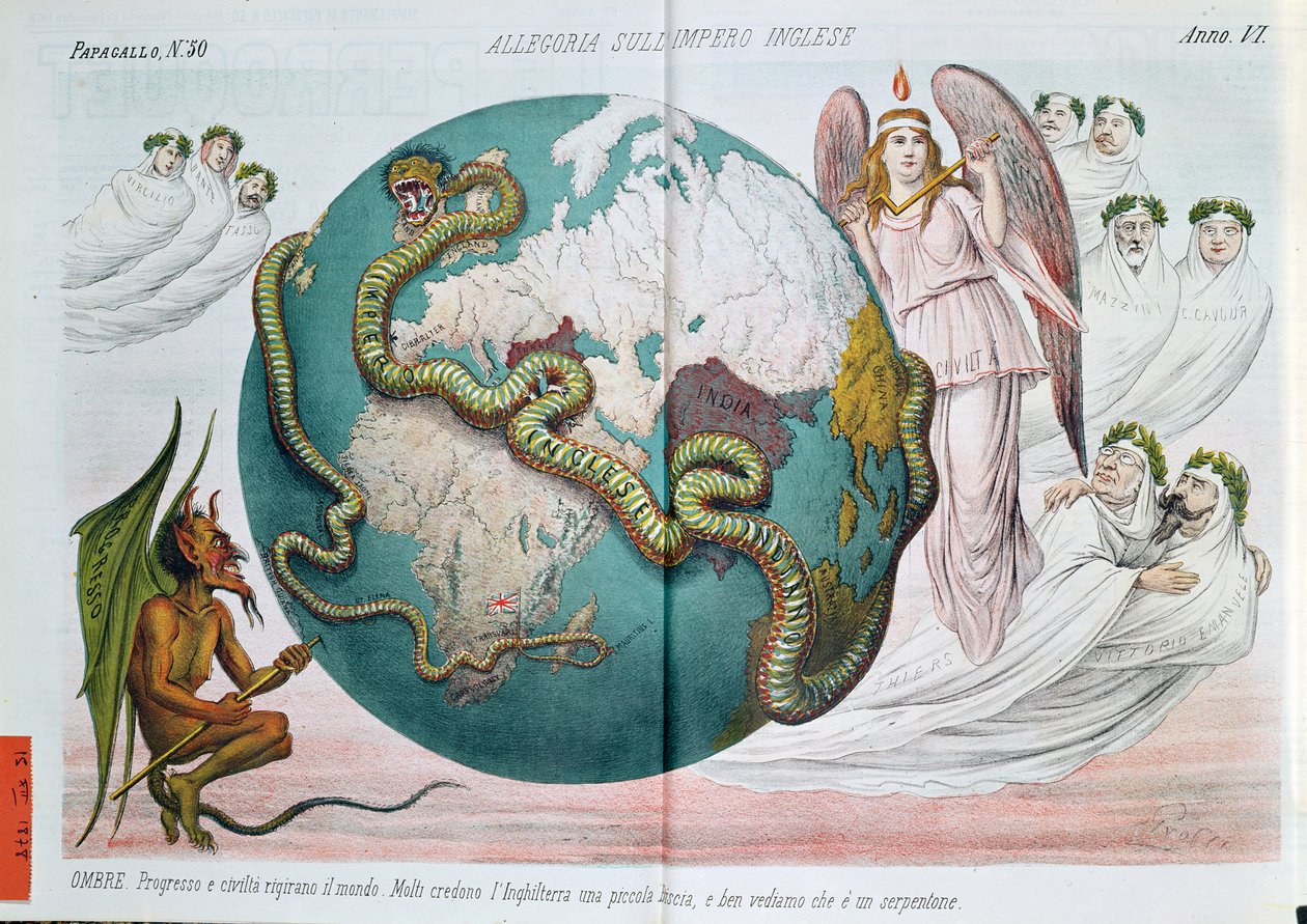 Allegori om det britiske imperiet som kveler verden, satirisk tegneserie fra Le Perroquet (Il Pappagallo), 1878 av Italian School