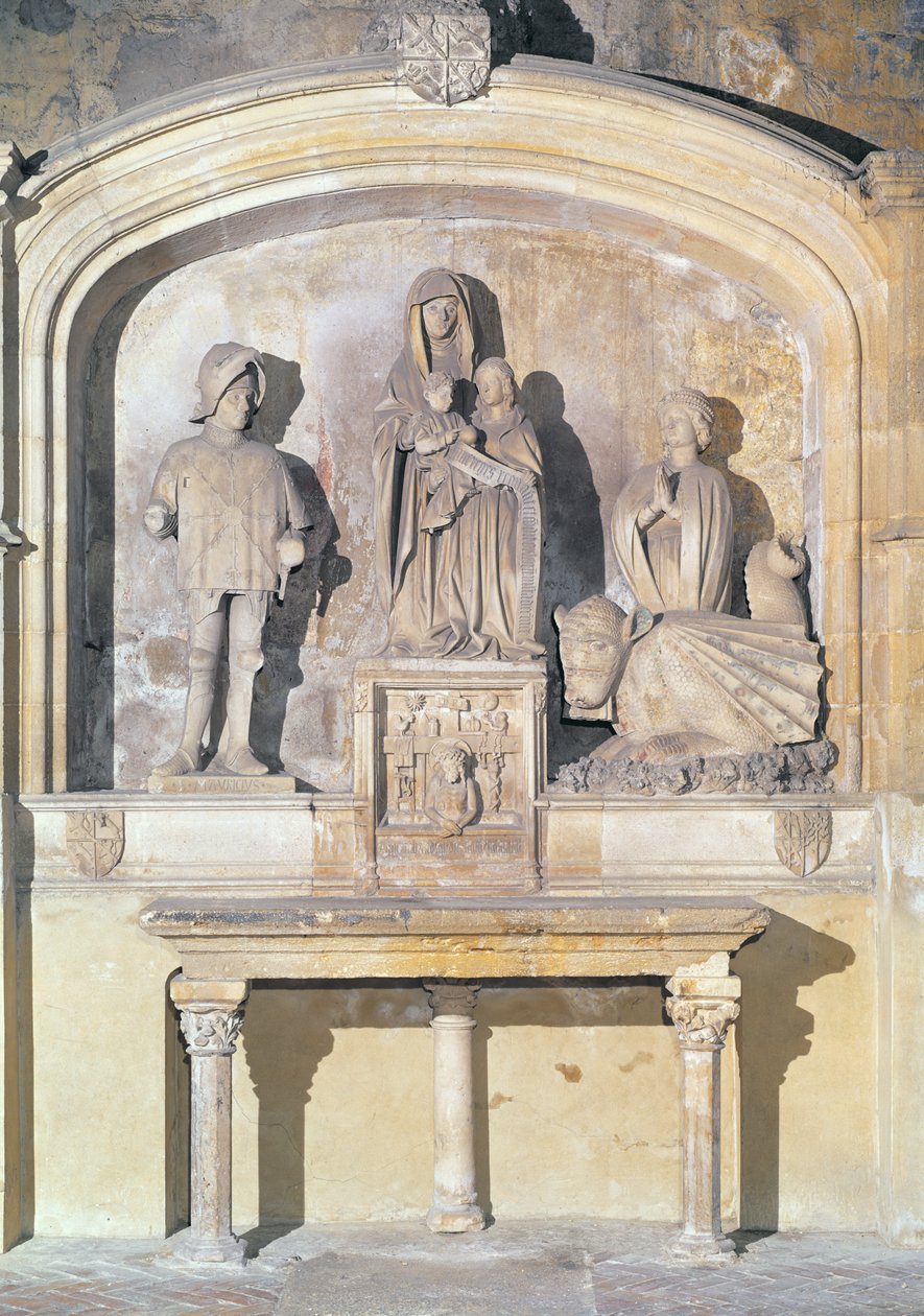 Altertavle av St. Anne, Jomfruen og spedbarnet Kristus, med St. Maurice, St. Martha og Tarasque (dragen fra Tarascon) 1470 (stein) av Italian School