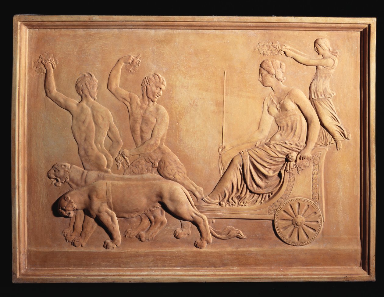 Et italiensk terrakotta-relieffpanel som viser Ariadnes triumf, vist i Bacchus" pantertrukne vogn med Silenus og Pan ser på, ca. 1870 av Italian School