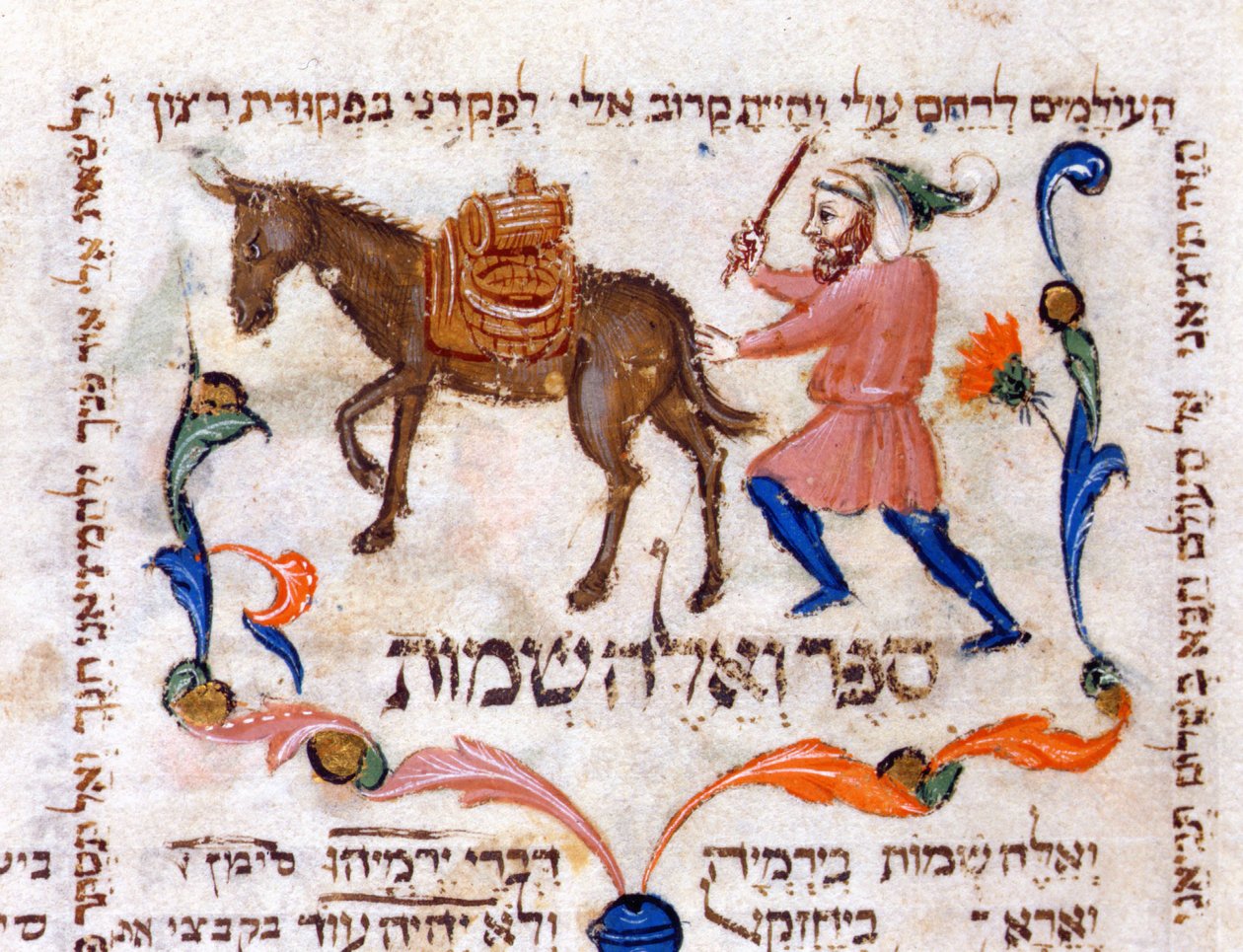 En olivenoljehandler på reise i Toscana, illustrasjon fra Torahen, 1398 av Italian School
