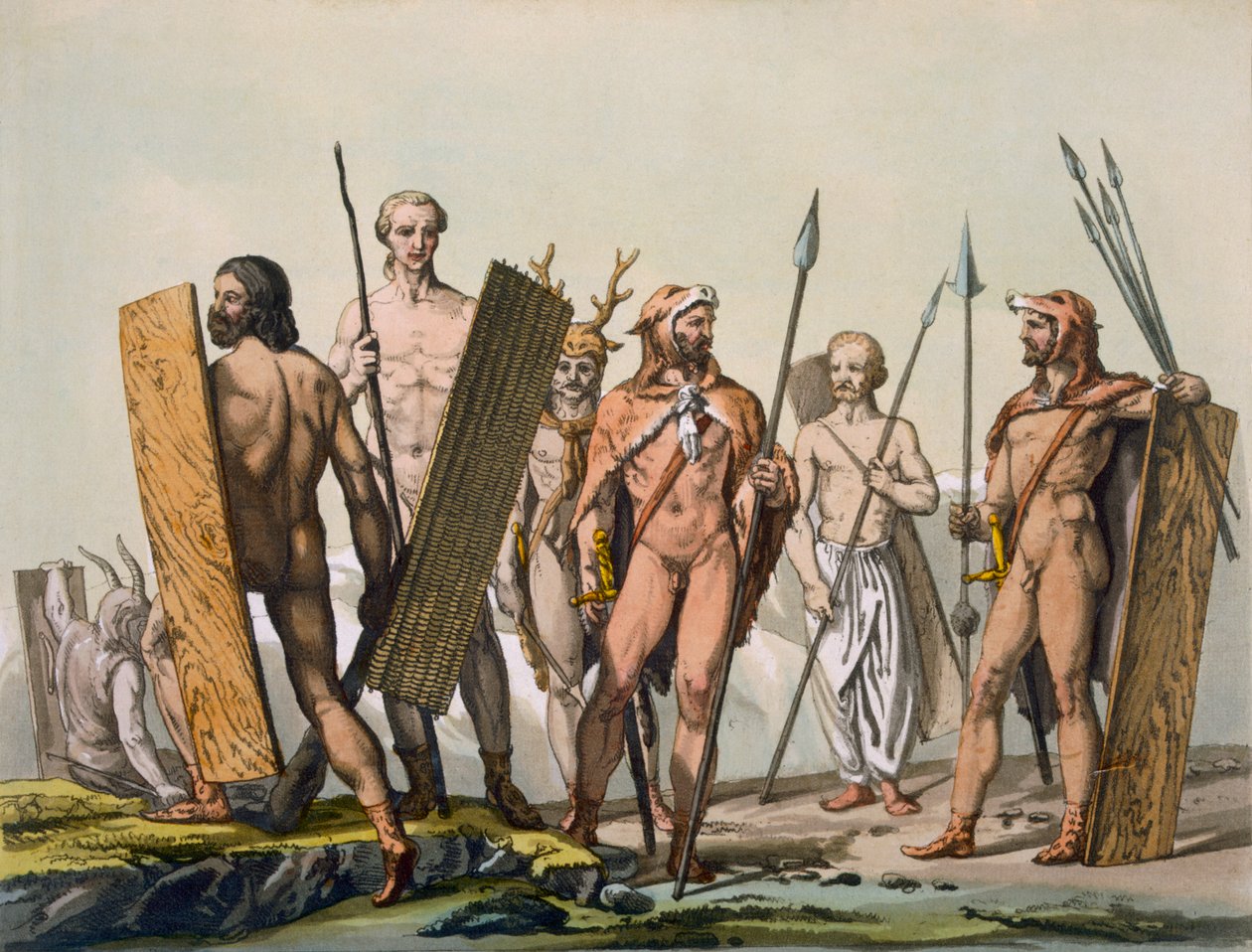 Gamle keltiske krigere kledd for kamp, med en sjaman, ca. 1800-18 av Italian School
