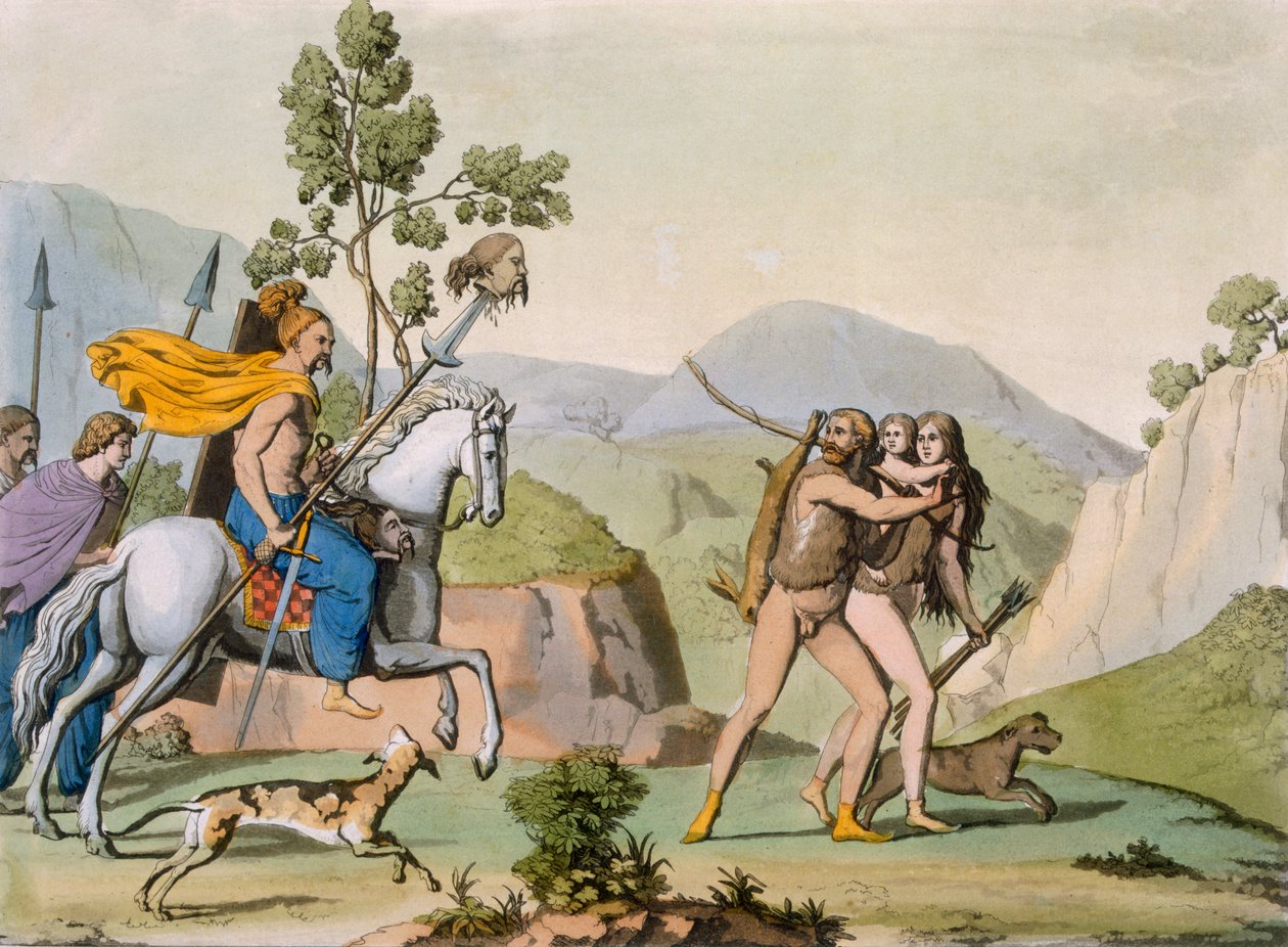 Gamle keltiske krigere på utflukt møter et par på jakt, ca. 1800-18 (farget gravering) av Italian School