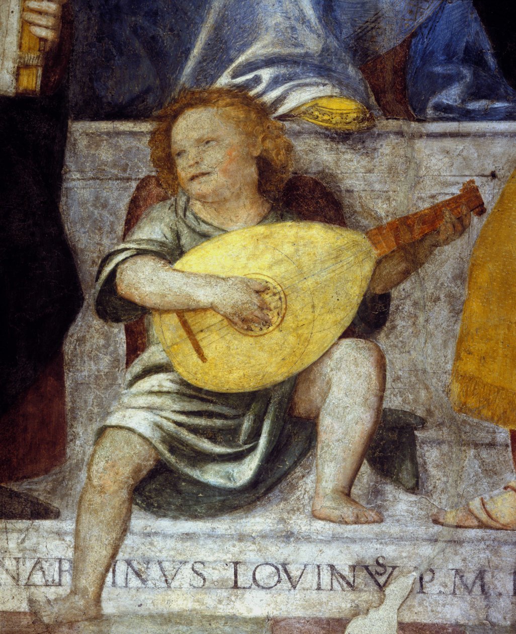 Englemusiker som spiller lut. Detalj av en freske fra 1600-tallet fra en kirke i Milano. av Italian School